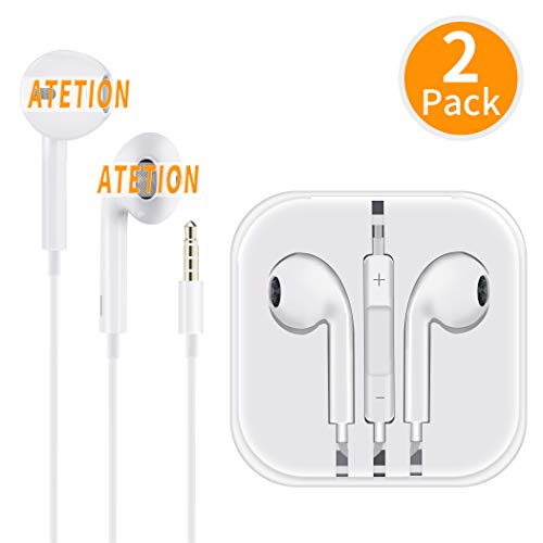 (2 Pack) Aux Headphones/Earbuds 3.5mm Wired Headphones Noise Isolating with Built-in Microphone & Volume Control Compatible with iPhone 6 SE 5S 4 iPod iPad Samsung/Android MP3