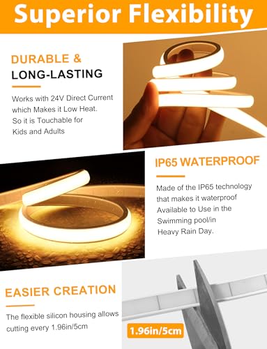 Lamomo COB LED Strip Light 3M, Warm White Led Tape Lights for Bedroom with Remote, 3000K Dimmable Flexible Waterproof Silicone Neon Rope Backlight for Cabinet, TV, CRI90+, 10mm Width, 24V UKCA