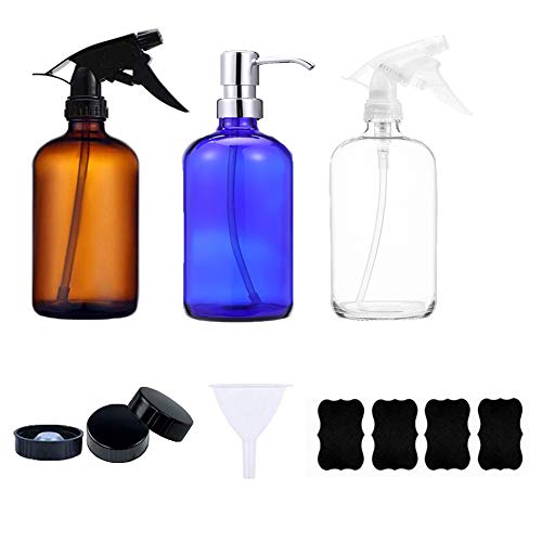 Empty Glass Spray Bottles 16 oz with 3 Pump Dispensers for Essential Oils Homemade Cleaning Products Accessories 4 Labels 3 Bottles Caps 1 Funnel