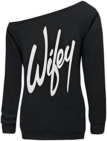 Guandiif Women Casual Sweatshirts Letter Printed Shirts Off Shoulder Pullover Tops Loose Fit Casual Tee For Women Black 2XL