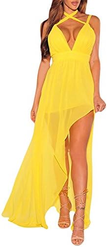 Robert Reyna Elegant Women's V Neck Chiffon High Low Bandage Backless Party Long Maxi Dress YellowMedium