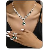 Rhinestone Waterdrop Bridal Necklace Earring Set for Women Silver Crystal Wedding Choker Necklace Geometry Teardrop Dangle Drop Earrings Wedding Party Prom Jewelry Set for Bridal Bridesmaid (Green)