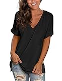 NSQTBA Womens Basic V Neck T Shirts Rolled Short Sleeve Summer Casual Tops with Pocket S-2XL