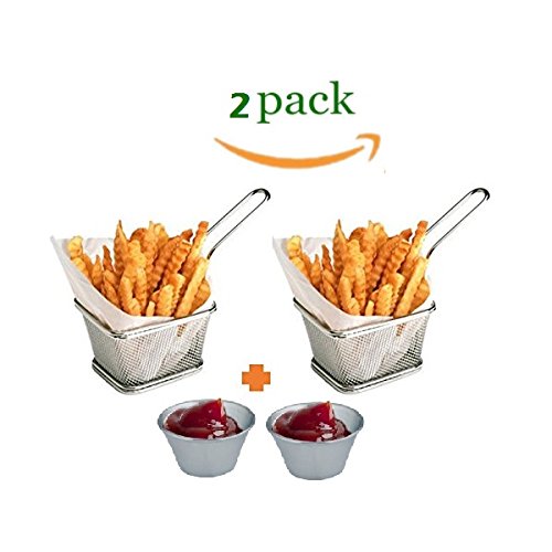 Mini Chips Fry Basket Stainless Steel Fryer Baskets Strainer French Fries Holder,Table Serving Food Presentation Tool With Bonus Sauce Cup (2)