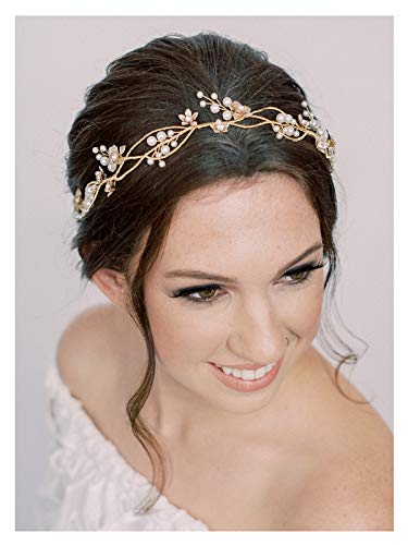 Photo 1 of SWEETV Gold Bridal Headpiece Pearl Wedding Headband Flower Design Rhinestone Hair Accessories for Bride Bridesmaid
