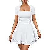 XXTAXN Women's Sexy Square Neck Short Sleeve Ruched Tiered Ruffle Hem Flowy Club Party Mini Dress