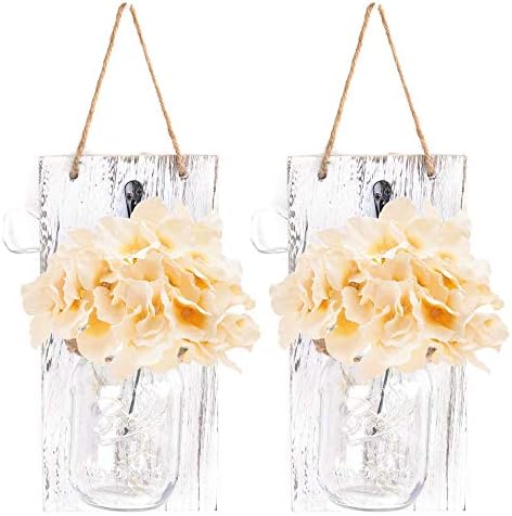 Hoomall Rustic Hanging Mason Jar Sconces,Wider Decorative Panels with LED Fairy Lights, Mason Jar Lights, Silk Hydrangea Flower, LED Strip Lights, Rustic Home Decor (Pack of 2) (One Size, Orange)