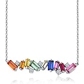 RANDES Curved Bar Baguette Necklace for Women 925 Sterling Silver Lab Created Colorful Gemstone Pendant Necklace