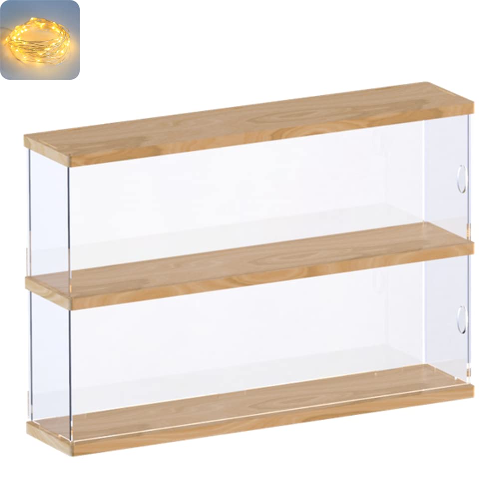 Nynelly 2 Layer Clear Acrylic Display Case with Door - Display Shelf for Models, Figures, Funko Pop, Pop Mart, Labubu, Sonny Angel, Smiski - Assemble Dustproof Display Box (40x10x27 cm, Wood)