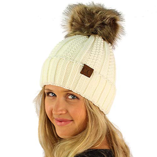 SK Hat shopC.C Winter Sherpa Fleeced Lined Chunky Knit Stretch Pom Pom Beanie Hat Cap Solid Ivory by SK Hat Shop