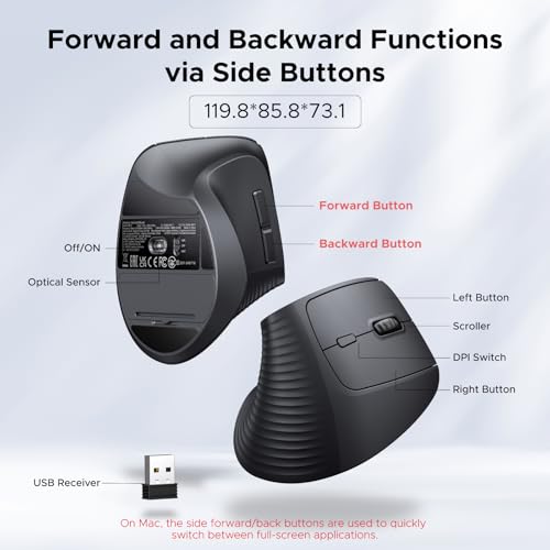 UGREEN Ergonomic Vertical Wireless Mouse, 2.4GHz Connection, 4 Adjustable DPI 4000/2000/1600/1000, 6 Buttons Wireless Mouse, for Office/Home/Study, Compatible with Windows, macOS, iOS, Android, Linux