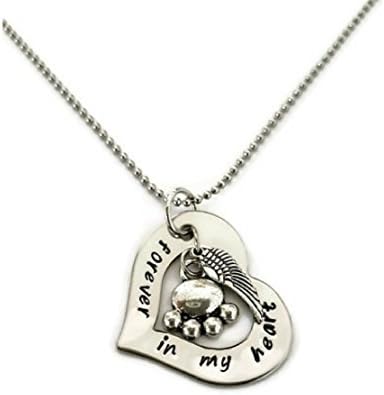 Pet Memorial Necklace, Hand Stamped Necklace for Women or Men"forever in my heart" with paw print and angel wing, Pet Sympathy Gift