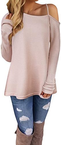 Ineffable Women's Long Sleeve Cold Shoulder Knitted Sweater Split Tunic Tops(Khaki, M)