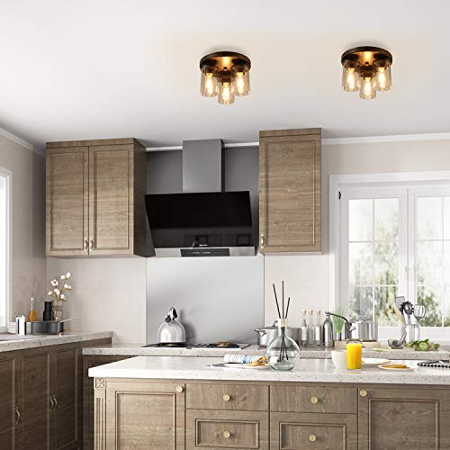 image for LALUZ 3 Lights Vintage Flush Mount Ceiling Light in Faux Wood and Rust