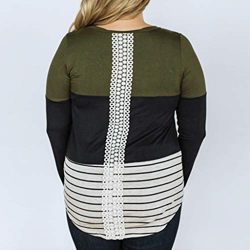 Respctful New in Women Long Sleeve T-Shirt Stripe Lace Patchwork Blouse Hem Shirt Casual Tops Green