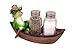 Croak Creek Canoe Resin Frog in Canoe Figurine with Glass Salt and Pepper Shaker Set Holder, 7 Inch