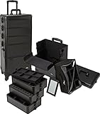 Seya 4 in 1 Rolling Makeup Cosmetic Case w/ 4 Wheels and Adjustable Dividers - All Black Finish