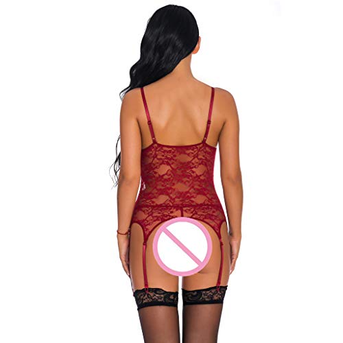 RYGHEWE Women Sexy Lingerie Set Lace Teddy Babydoll Bodysuit Chemise Nightwear Sleepdress Erotic Underwear Wine