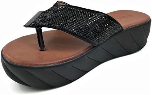 EmileDi Womens Platform Rhinestone Thong Sandal Flip-Flop With Duo Design Straps,Black, 9