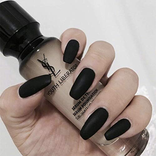 Evazen 24Pcs Different Color Coffin Nails Matte Finishi Coffin Ballerina Pre-Design Full Cover Medium Ballerina False Nails Art Tips for Women (Black)