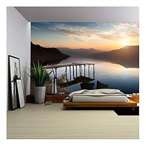 Fishing Jetty on Mountain River at Sunset - Removable Wall Mural | Self-Adhesive Large Wallpaper - 66x96 inches