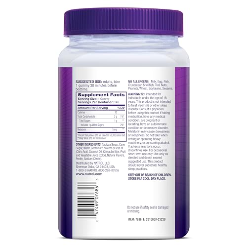 NATROL 5MG MELATONIN GUMMIES, SLEEP SUPPORT FOR ADULTS, MELATONIN SUPPLEMENTS FOR SLEEPING, 140 STRAWBERRY-FLAVORED GUMMIES, 70 DAY SUPPLY