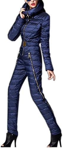 Allbebe Women Hooded Thicken Down Jacket Slim Winter One Piece Ski Pant Coat (US size 6-8 = Label size L, Dark Blue)