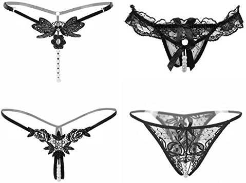 Hengwoyisheng Pearls Elastic Lingerie Thongs Lace Hot and Sexy G Strings for Women 4 Pack of Different Styles (A)