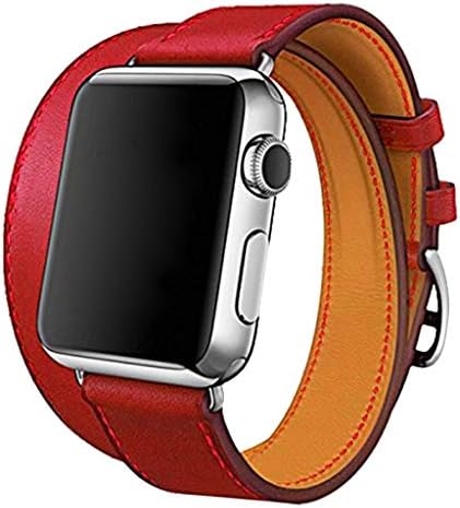 Cywulin Double Tour Band Compatible with Apple Watch 38mm 40mm 42mm 44mm, Genuine Leather Replacement Loop Strap Bracelet for iWatch Series 4 3 2 1 Men Women Stainless Steel Clasp (38mm/40mm, Red)