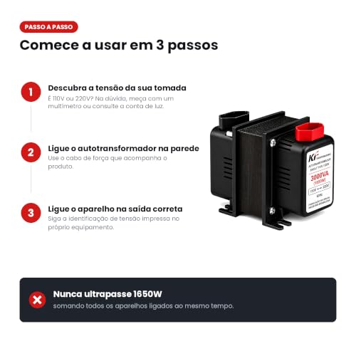 Autotransformador Bivolt 3000VA (1650W) – Conversor de Voltagem 110V/127V para 220V e 220V para 110V – Transformador para Ar-Condicionado, Lavadora, Geladeira e Eletrodomésticos – Proteção Térmica