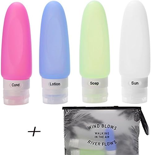 Silicone Travel Bottle Set, MoreTeam 3 oz Refillable TSA Approved Travel Container with Large Toiletry Bag, Food Grade, Leak Proof, FDA Approved for Shampoo, Lotion, Set of 4 (89ML)