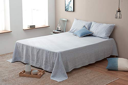 DAPU Pure Stone Washed Linen Sheets Set 100% French Natural Linen European Flax (King, Summer Sky, Flat, Fitted and 2 Pillowcases)