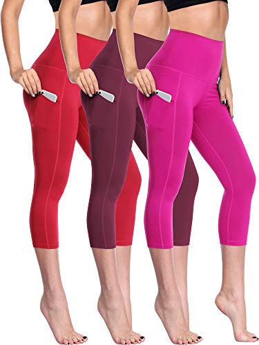 Neleus Women's Yoga Capris Running Tummy Control High Waist Workout Leggings with Pockets,3 Pack,109,Red,Wine Red,Rose Red,M