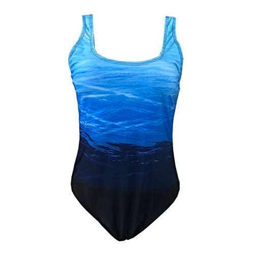 Snowfoller Womens Swimming Costume Geometric Lines Printed Padded Gradient Color Swimsuit Monokini Push Up One-Piece Bikini (XL, Blue) - Thumbnail 6