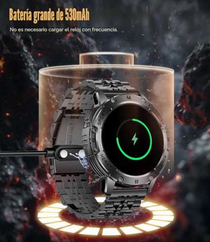 ESFOE Men's Smart Watch, 1.43 inch AMOLED Smartwatch Military Man with LED Flashlight/530mAh/5ATM Waterproof/Calls/120 Sports Modes/Heart Rate Monitor/Pedometer Android iOS Black