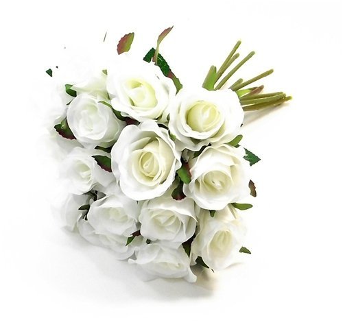 FS 25cm Artificial Ivory Mini Rose Rosebud Bundle Posy with 15 Flower Heads/Stems - Home Wedding