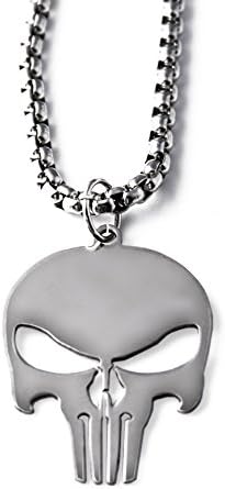 Perepaix RAVE Mens Necklace Silver Skull Pendant with Chain in Stainless Steel &amp; Plated Alloy