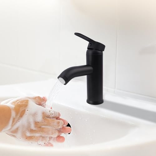 FALSKT 304 Stainless Steel Kitchen Tap, Bathroom Tap with Hose, Bathroom Tap, Ceramic Valve Core, Single Lever Washbasin Mixer for Guest Toilets (Black)