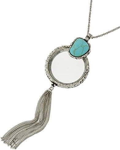 Magnifying Glass Necklace Z6 Turquoise Blue Stone Tassel Silver Tone