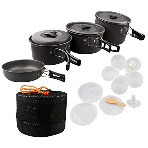Charlie & Keith’s Portable Outdoor Cookware with Carrying Mesh,Non-Stick Pot Frying Pan Cooking Set Made of Anodized Aluminum,Suitable for 4~5 Person,Great for Camping,Hiking,Backpack,Picnic