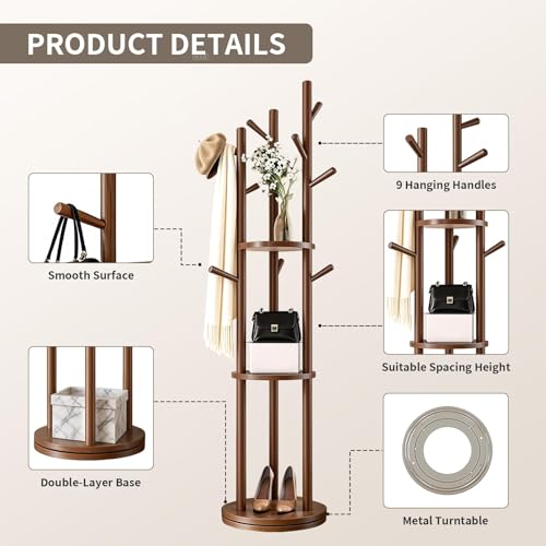 Solid Wood Rotary Coat Rack Freestanding with 3 Storage Shelves & 9 Hooks, Coat Tree for Entryway, Livingroom, Bedroom, Coat Hanger Stand for Coats, Scarves, Handbags, Hat