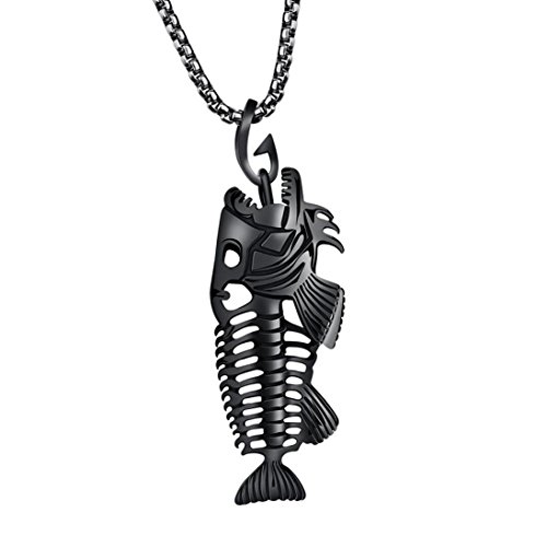 Long Sweater Chain Pendant Necklace Cuekondy Fish Bone & Fishing Hook Skeleton Stainless Steel Charm Statement Jewelry for Men Women Girls (Black)