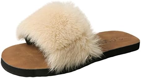 Tefamore Summer Womens Ladies Slip On Sliders Fluffy Faux Fur Flat Slipper๐๐Casual Round Toe Rubber Solid Sandal (Size:35-40)
