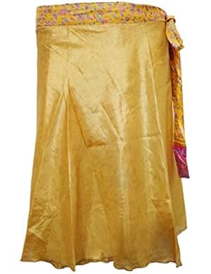 Mogul Women's Beach Wrap Skirt Two Layer Reversible Short Wrap Around Silk Sari Skirts