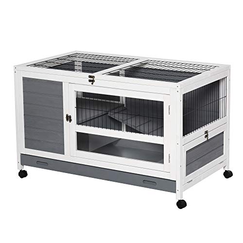 PawHut Kleintierstall mit Rädern Kleintierkäfig Doppelstöckiger Tierkäfig Tannenholz Grau+Weiß 102 x 60 x 63,5 cm