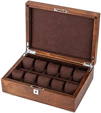 HJYSQX Old elm Solid wood Watch box Case With lock, Watch box organizer for men Mechanical watch display Collection storage box -brown 10x22x32cm(4x9x13)