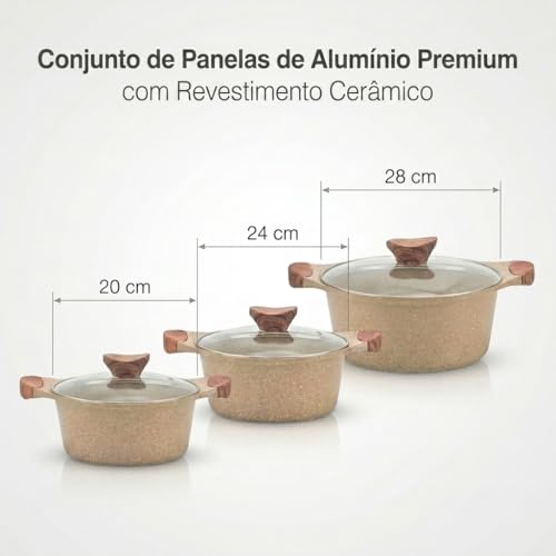 Jogo de Panelas 6 Peças Vanila Alumínio Revestimento Cerâmico Antiaderente Fogão Indução Eletrico Gás e Vitroceramico