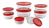 Pyrex Simply Store Glass Round Food Container Set with Red Colored Lids, 16 Piece (Pack of 1)