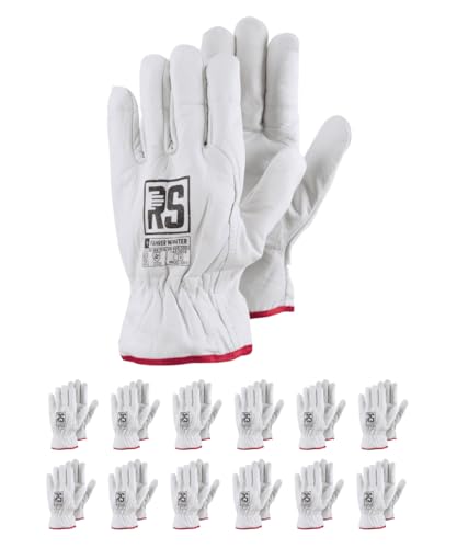 RS Fahrer Winter Montage-Handschuhe aus Rindsleder/Größe 9, 12 Paar/Weiß/Montagehandschuhe/Arbeitshandschuhe Leder/Isolierter Volllederhandschuh Lederhandschuhe Schutzhandschuhe