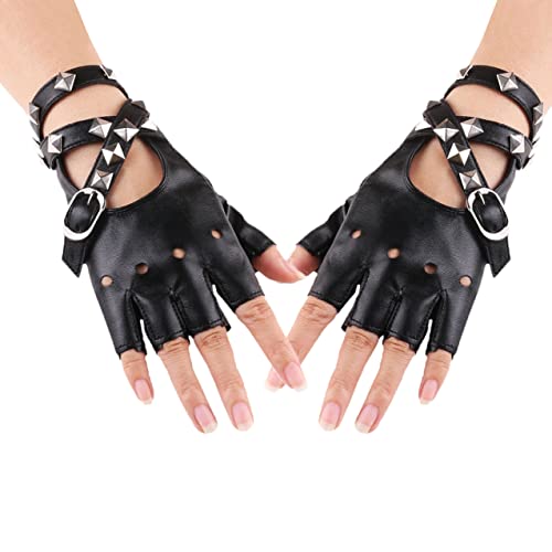 VOVCIG Leather Punk Gloves Fingerless Faux Leather Gloves for Cosplay Performance Punk Rivets Half Finger Gloves for Women Teens Girls